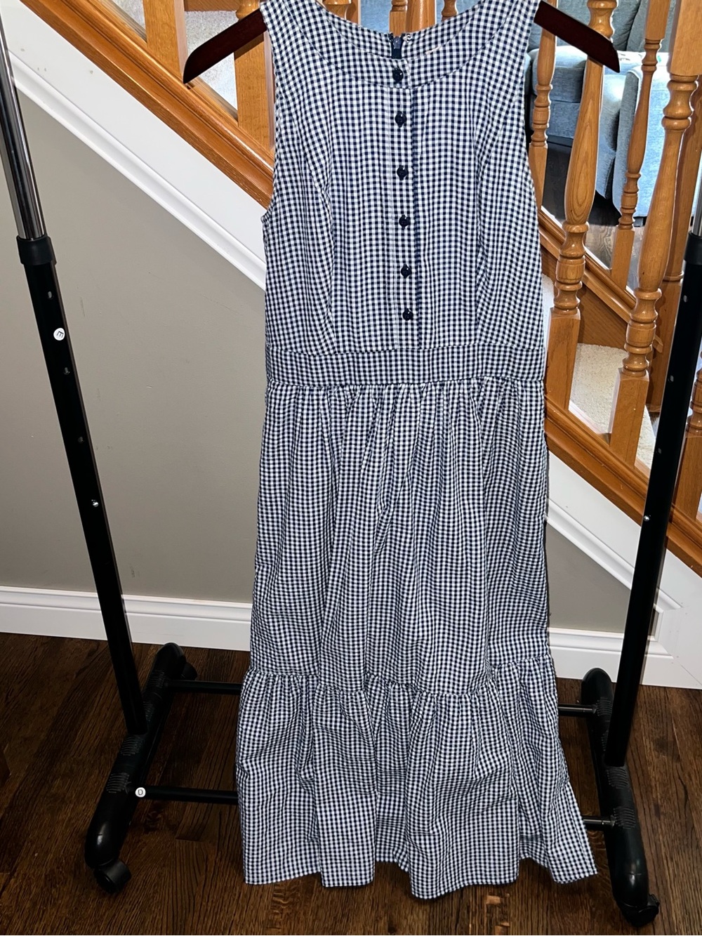 Navy and White Gingham Sleeveless Tiered Midi Dress Ardith